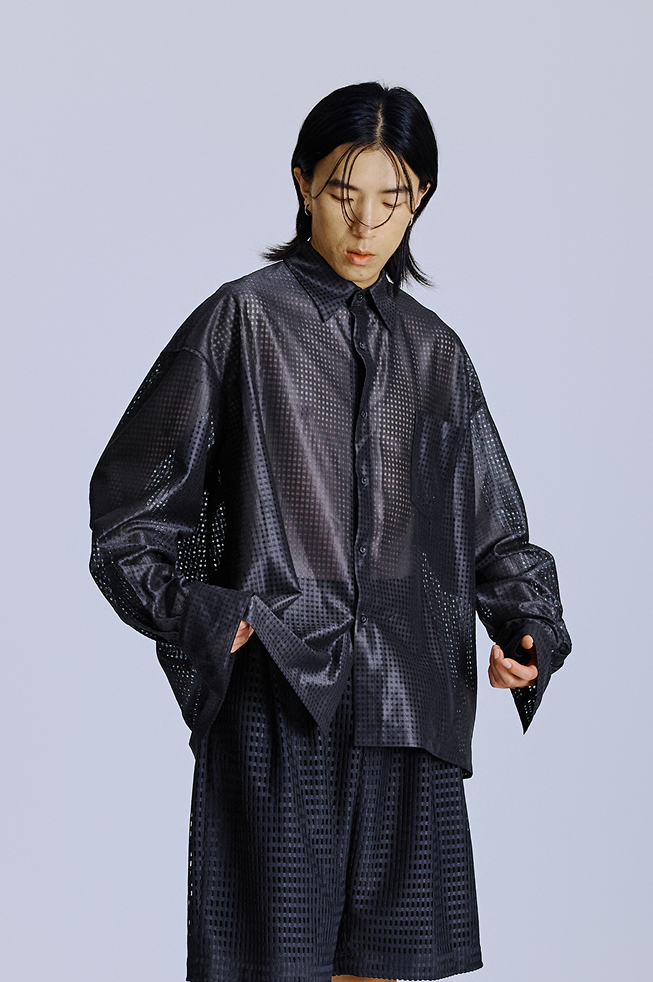 黑色長袖網眼襯衫 Mesh Lace Long-Sleeve Shirt