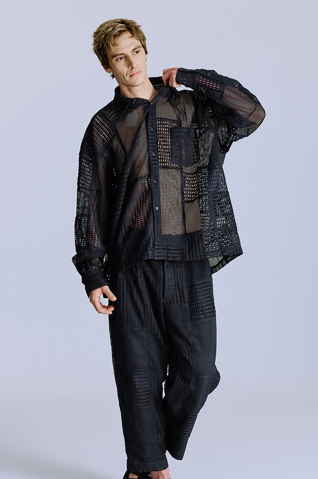 網眼手工拼接黑色長褲 Handcrafted Mesh Patchwork Black Trousers