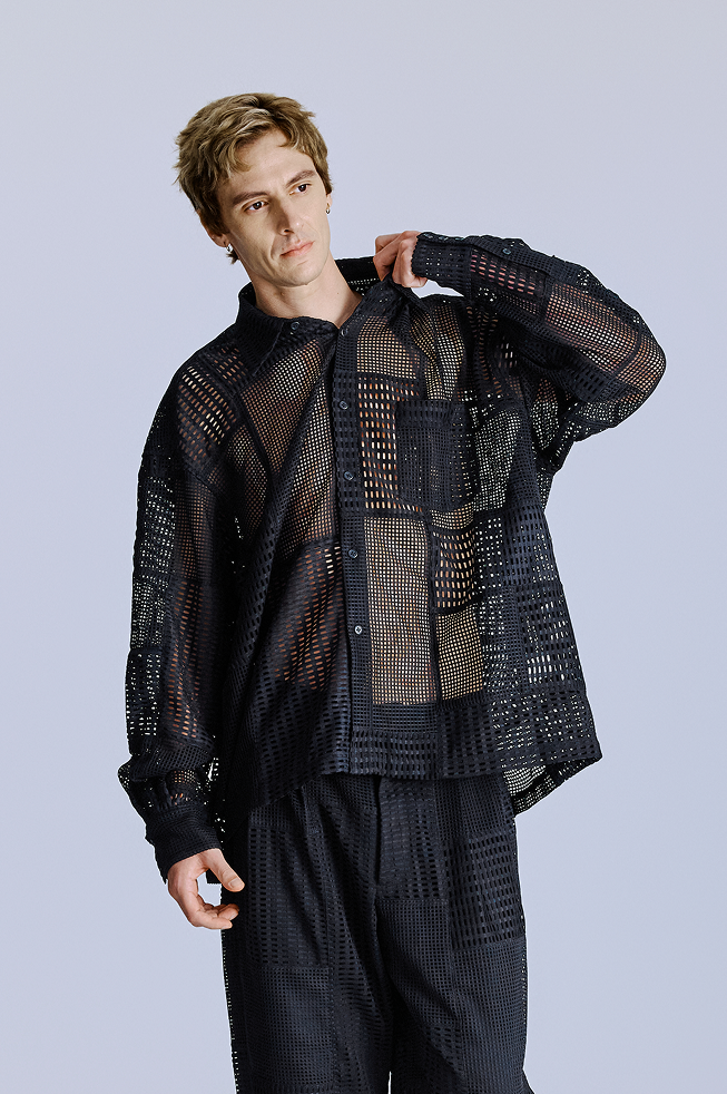 網眼手工拼接黑色襯衫 Handcrafted Mesh Patchwork Black Shirt