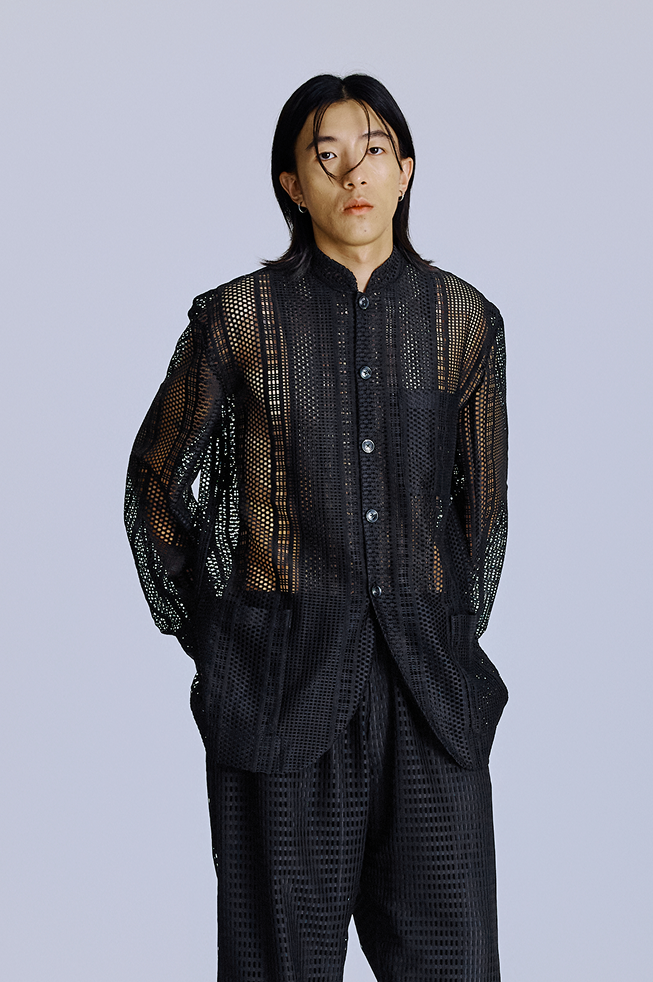 黑色網眼中山領襯衫 Mesh Mandarin Collar Shirt