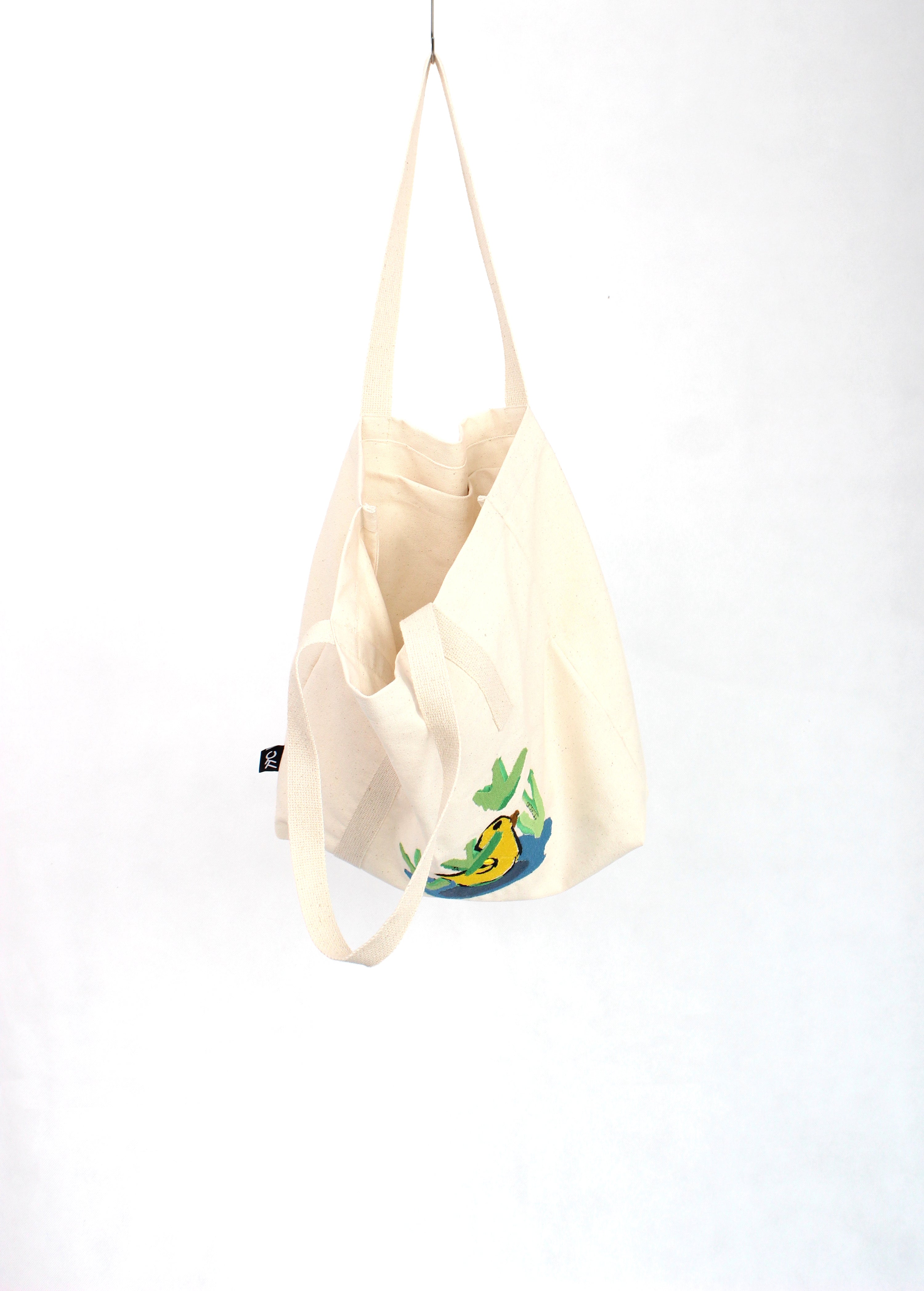 手繪感黃色小鴨在池中 刺繡帆布袋子 Yellow duck in pond tote bag