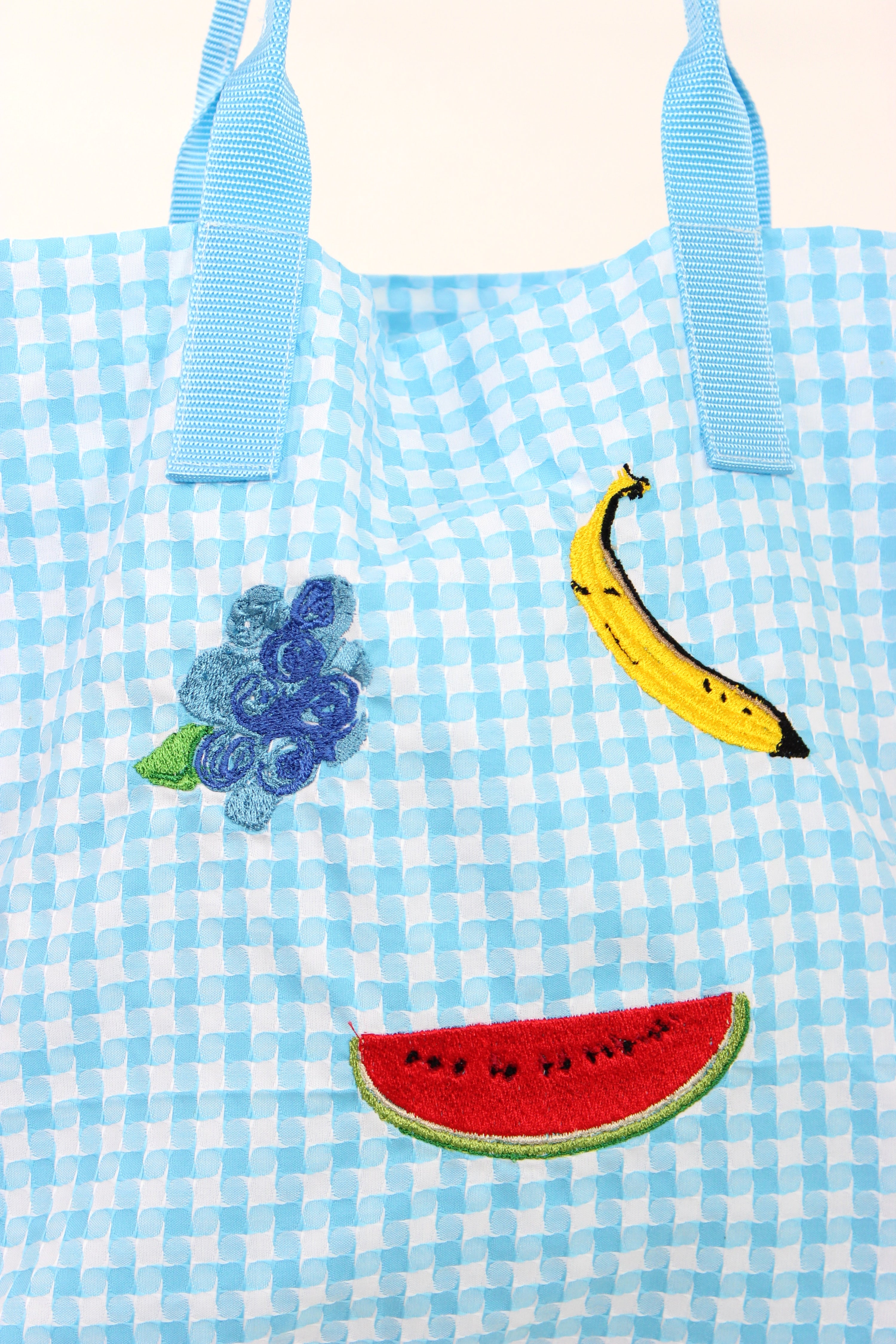 三種水果刺繡棉質格紋托特包 Fruits embroidery cotton tote bag